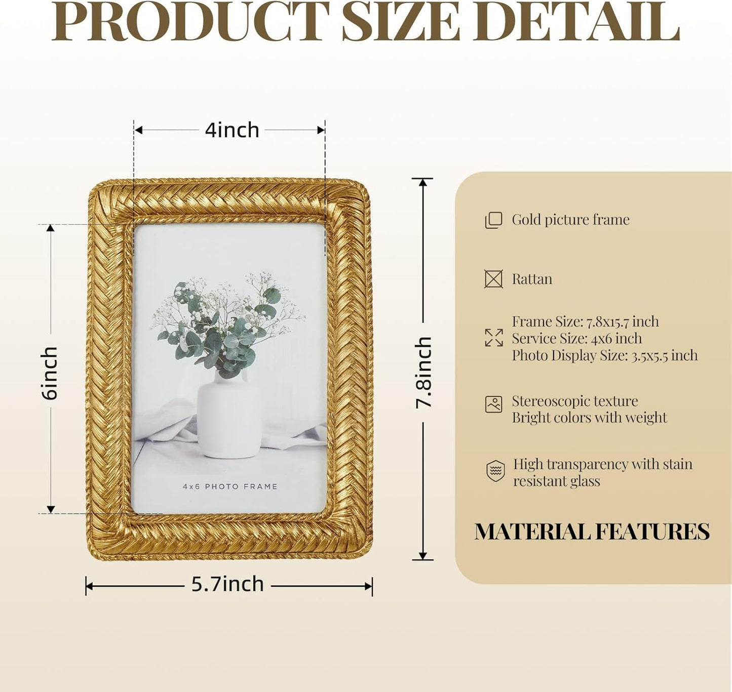 Cuspin 4x6 Gold Picture Frame, Ornate Decorative Rattan Resin Photo Frame, Gold Frames Braided Design for Tabletop Display or Wall Hanging, Elegant Home Decor