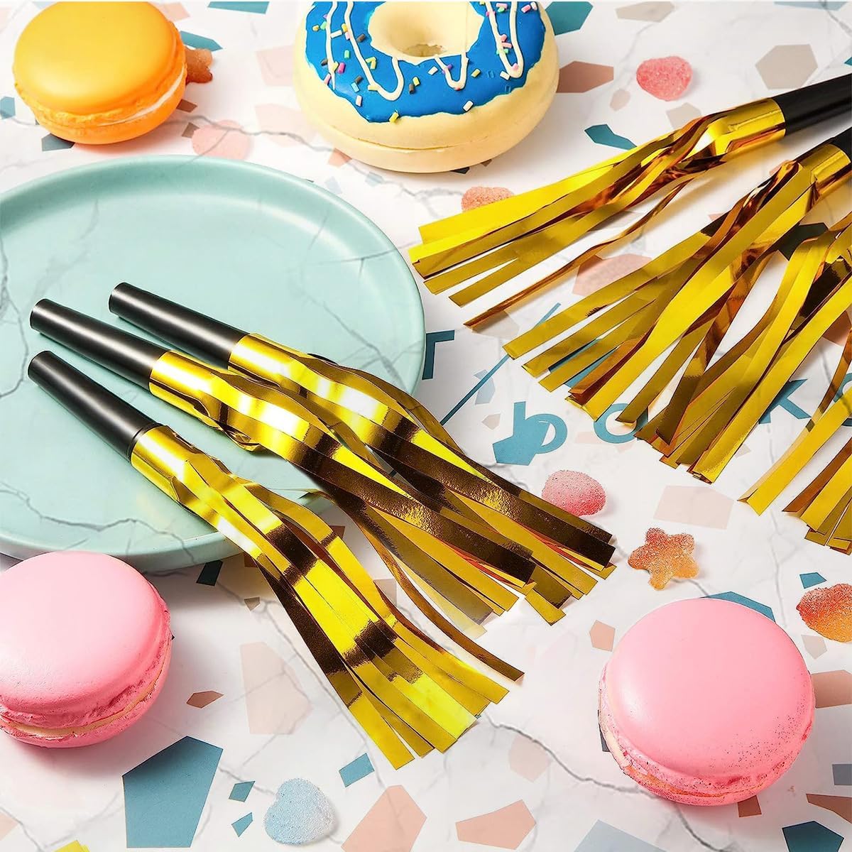 24pcs Party Blowers,Gilding Noisemakers Party Blowouts Squawkers Fringed Noise Maker,Birthday Noisemakers Birthday Blow Horns Party Whistles (Black and gold)