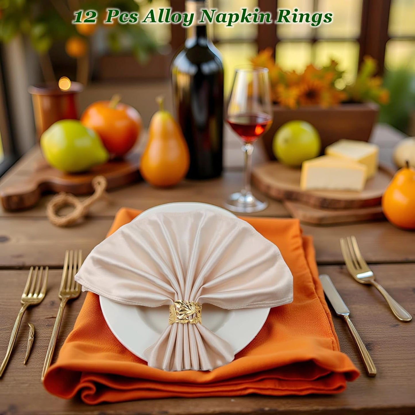 Gold Leaf Napkin Rings Set of 12, Mgrlfbl Golden Leaves Fall Napkins Rings Alloy Holders Bulk for Thanksgiving Weddings Christmas Table Setting Decor,Holiday Dinner,Birthday Party Decoration(Round 12)