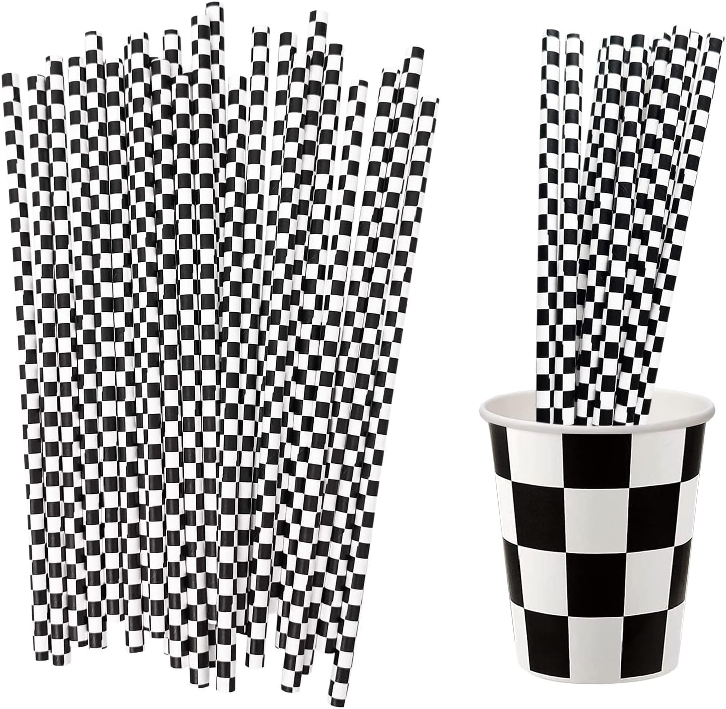 50 Pcs Checkered Flag Paper Straws Racing Car Straws Black and White Checkered Drinking Straws for Racing Birthday Party Decorations, Standard, Black/White