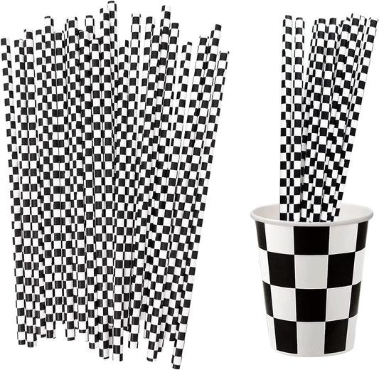 50 Pcs Checkered Flag Paper Straws Racing Car Straws Black and White Checkered Drinking Straws for Racing Birthday Party Decorations, Standard, Black/White