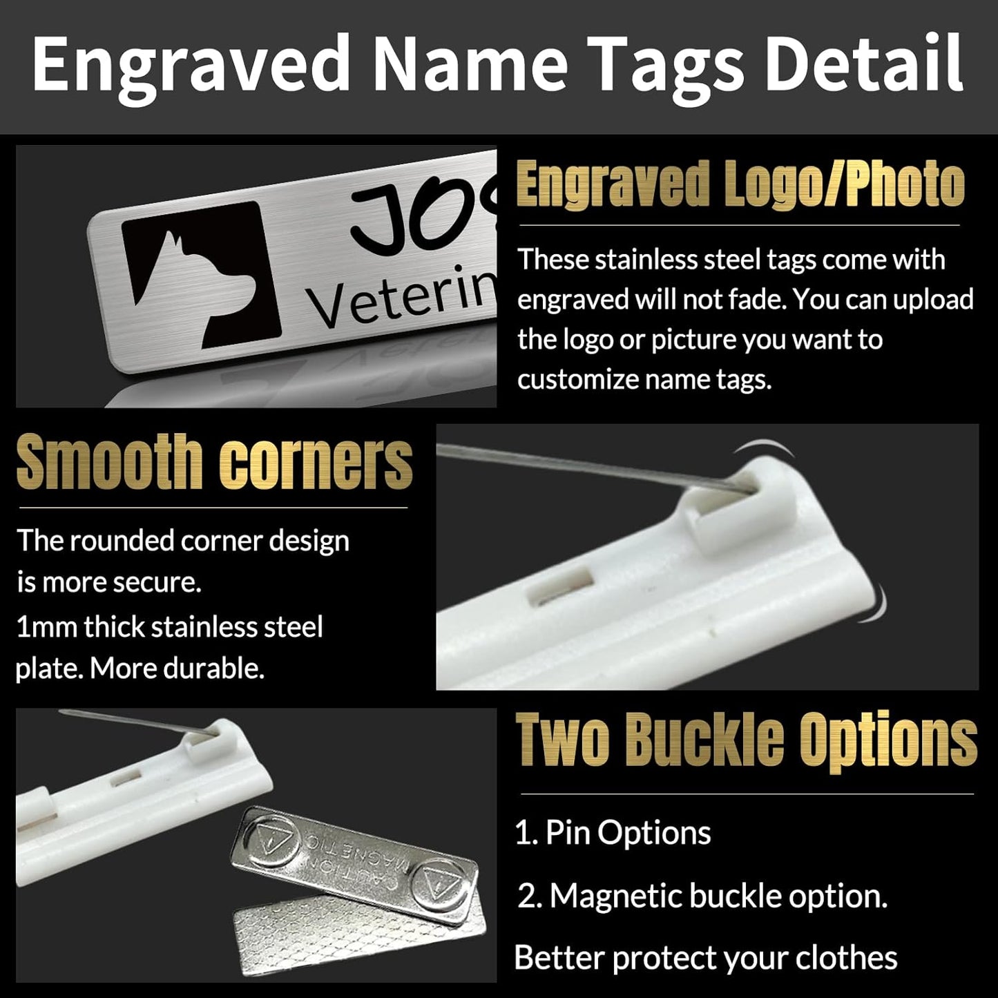 Custom Engrave Name Tag Badges Personalized Magnetic Name Badges with Logo Customize Metal ID Work Tags with Pin Backing Name Tag for Nurses Uniforms Employees Staff