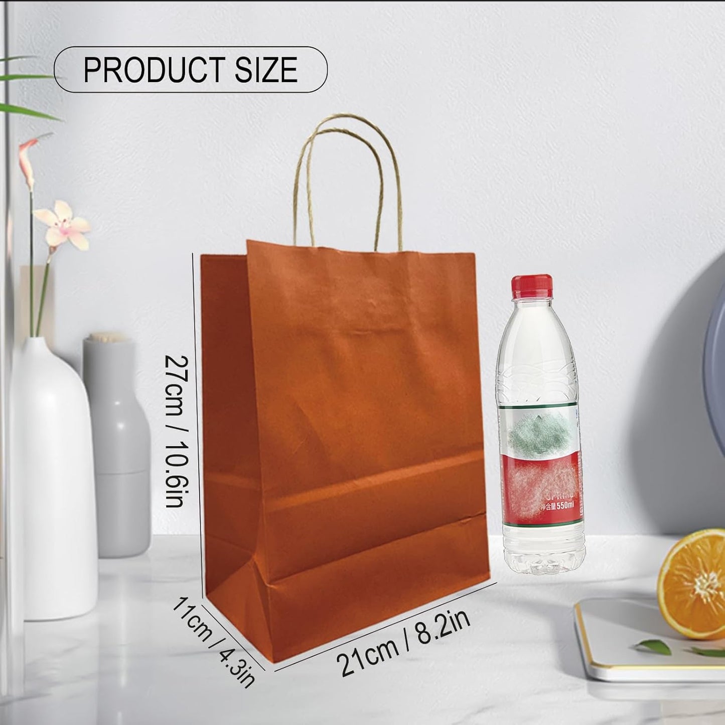 BAG BOX 100 Pack 8.25x4.3x10.6 Inch Orange Gift Bags with Handles,Bulk Kraft Paper Bags for Shopping, Retail, Merchandise, Wedding, Party Favors, Paper Grocery Sacks