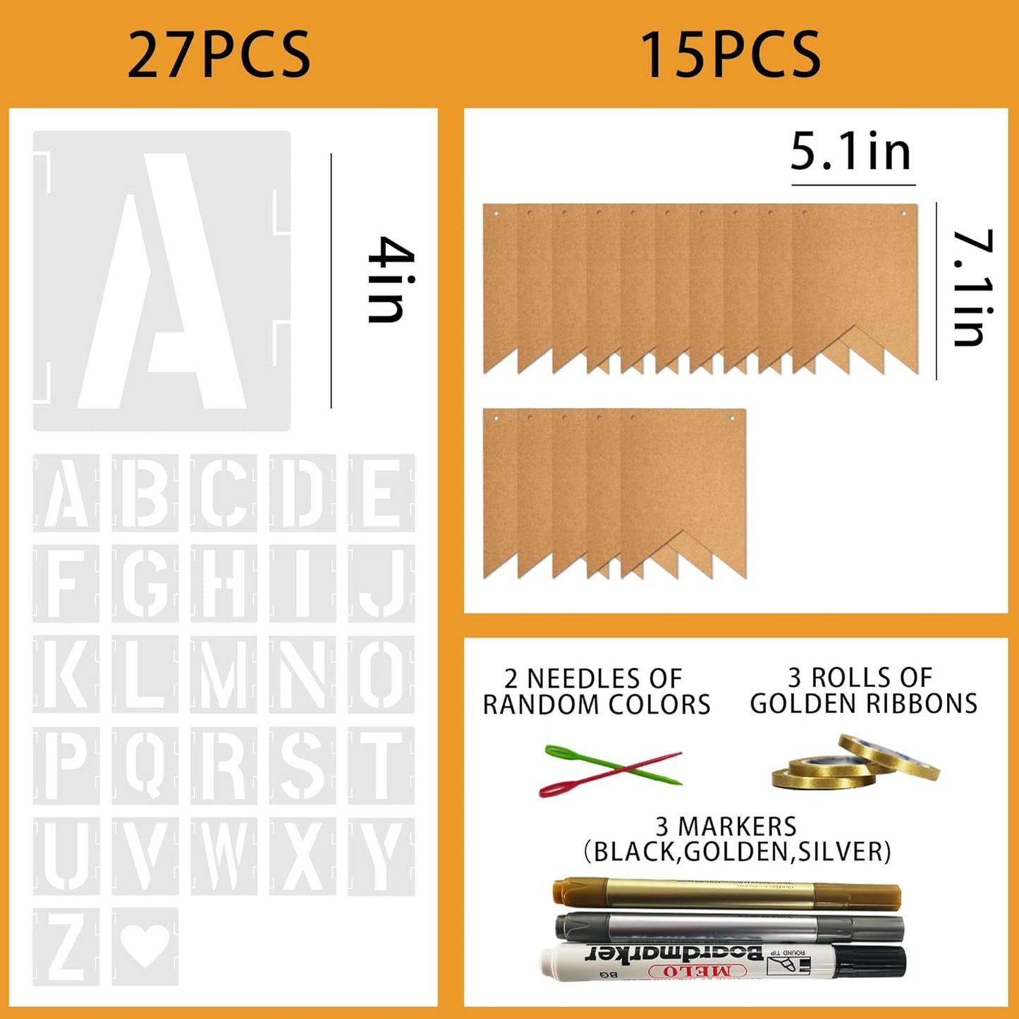 15 PCS Custom Banner Set DIY Blank Flags with Letter Stencil Markers Ribbon Personalized Painting Banner for Party Birthday