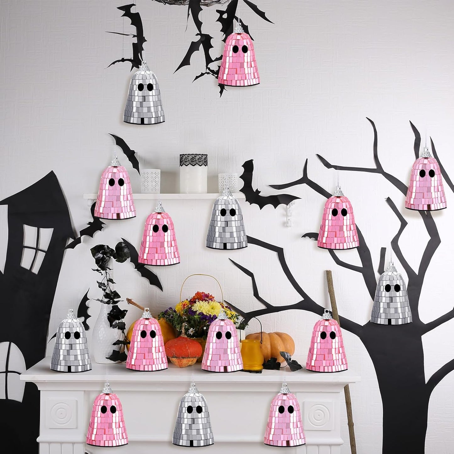 24 Pcs Halloween Disco Ghosts Decor Halloween Ornament Silver Mirror Disco Skeleton Tabletop Centerpiece for Holiday Cosplay Home Props Gift Party Decorations (Pink)