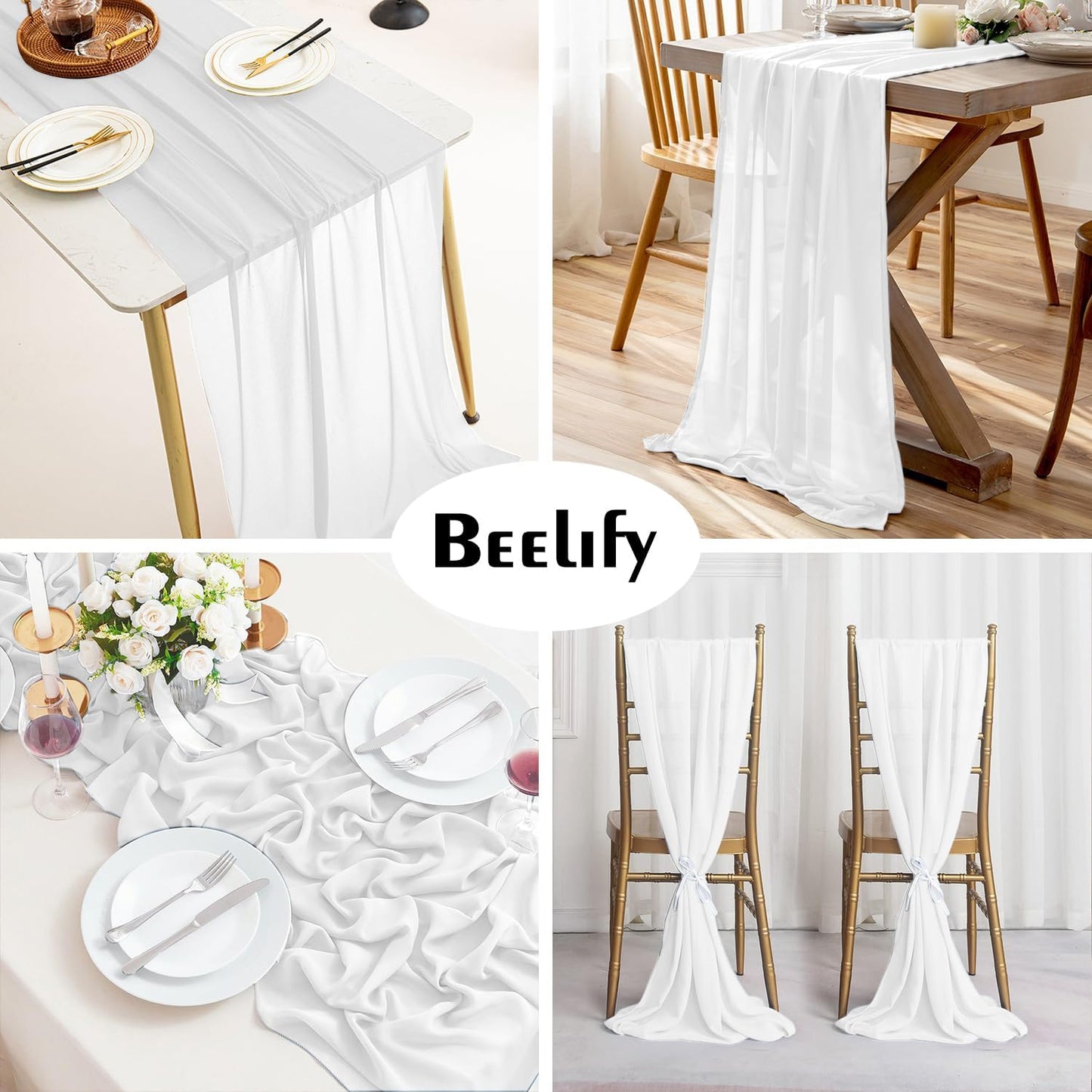 6 Pack 10 Ft Chiffon Table Runner White Gauze Long Table Runners 27x120 Inches Sheer Tulle Table Runner for Rustic Wedding Reception Bridal Shower Decorations Birthday Party