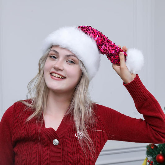 Personalized Sequin Santa Hat for Adults, Red Glitter Christmas Party Hat, Xmas Halloween New Year Holiday Headwear