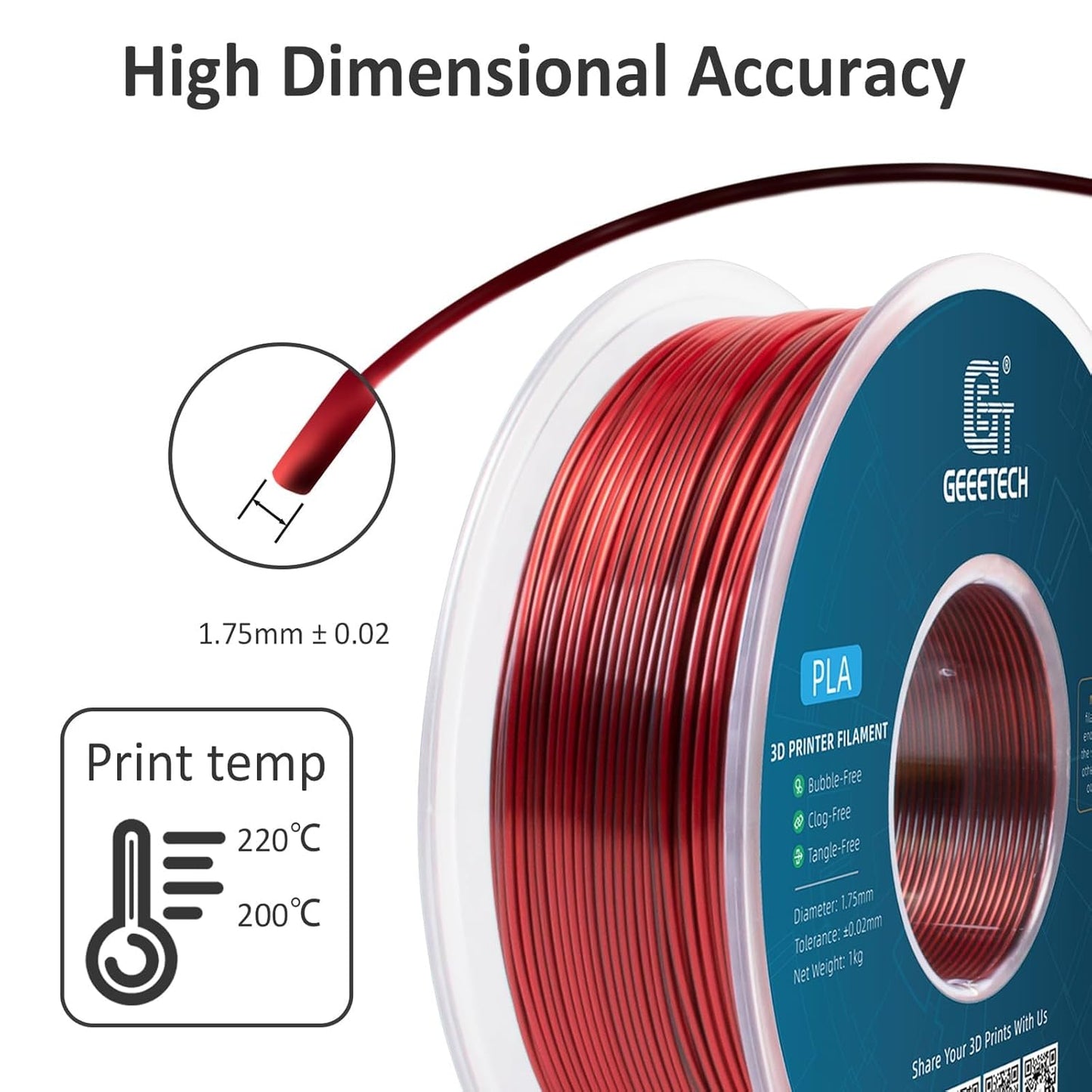 Geeetech Silk PLA Filament 1.75mm Silk Dual Color Filament, Coextrusion Dichromatic Metal-Like Shiny Consumable 1kg (2.2lbs) 1 Spool, Dimensional Accuracy +/- 0.02 mm, Black Red