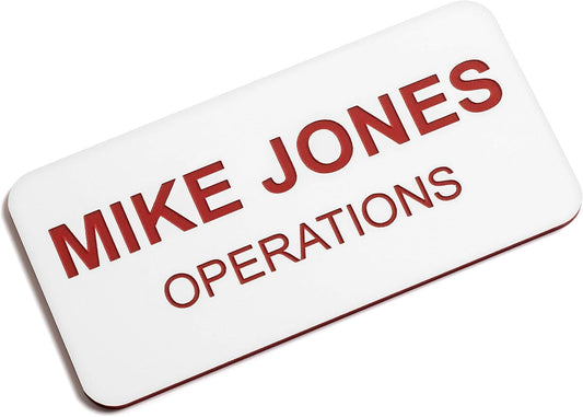 Custom Engraved Name Tag Badges – Personalized Identification with Pin or Magnetic Backing, 1.5 Inches x 3 Inches, White/Red