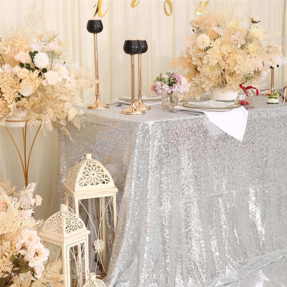 SquarePie Sequin Tablecloth 90 x 132 Inch Silver Sparkly Table Linen for Wedding Party