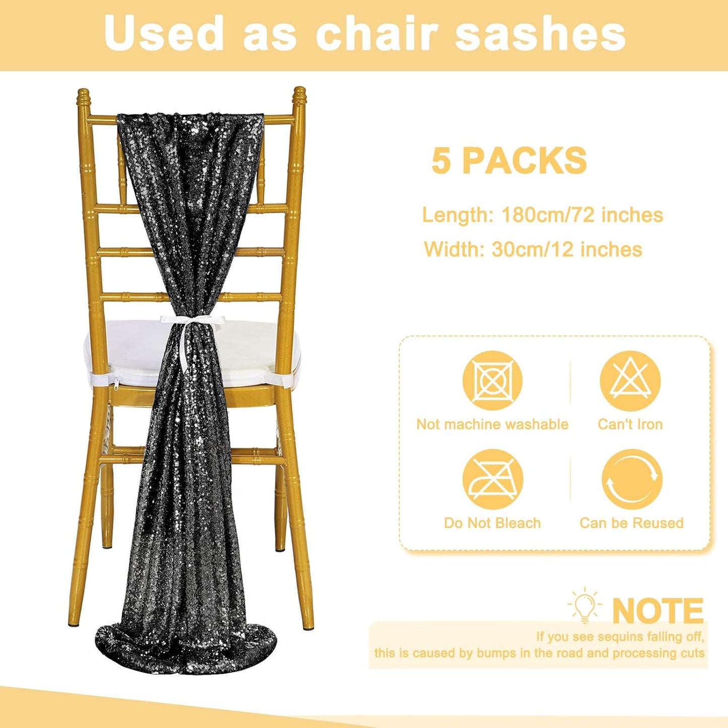 Sequin Table Runners 5 Pieces Black Table Runners 12x72 Inch Glitter Dining Table Cover for Party Wedding Birthday Reception Banquet Decoration Spring Party Chair Sashes