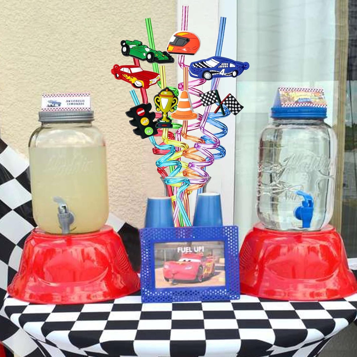 24Pcs Race Car Reusable Straws Party Decorations Birthday Party Supplies Drink Markers with 2Pcs Cleaning Brushes