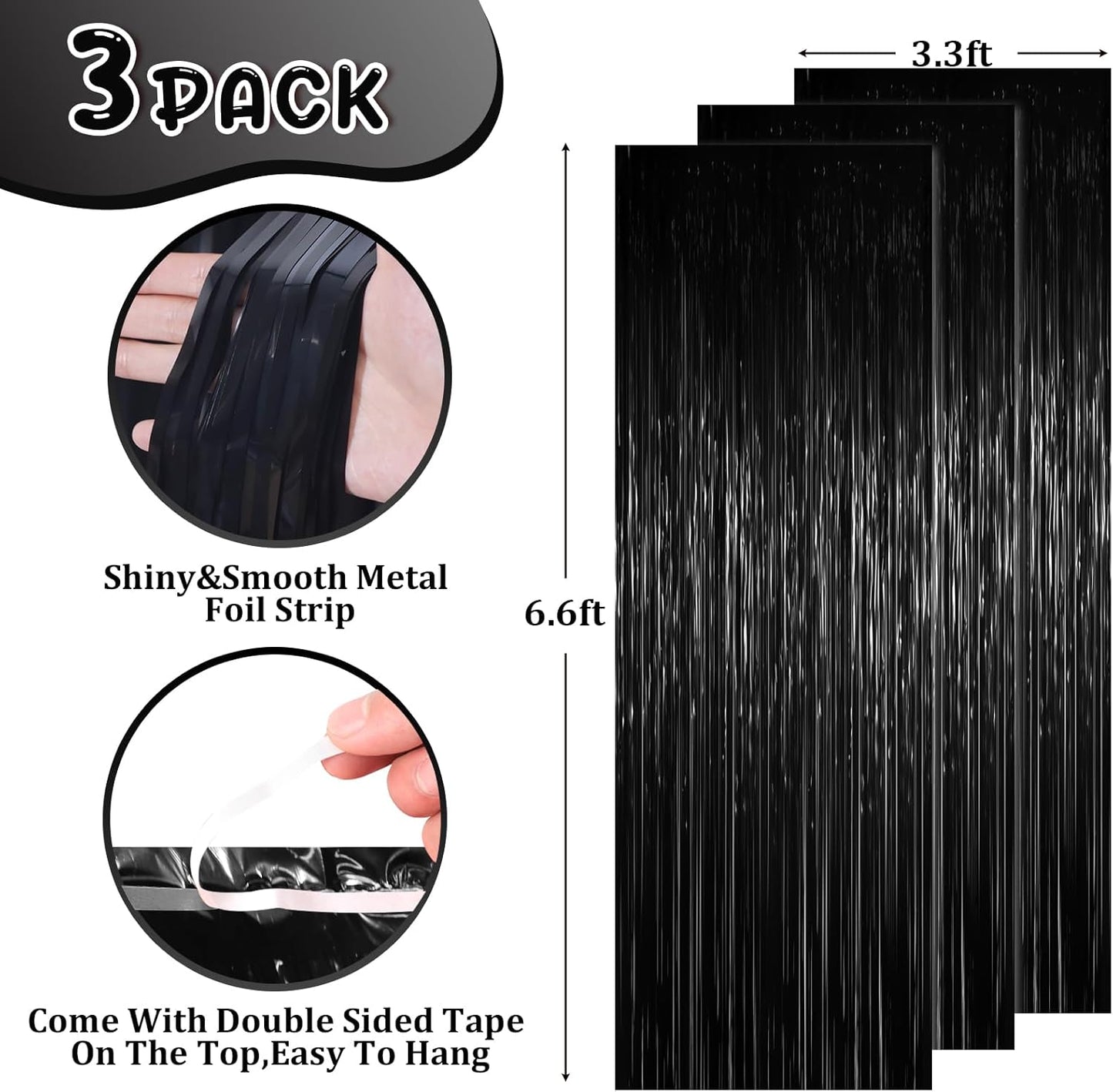 3 Pack 3.3 x 6.6 ft Black Foil Fringe Backdrop Curtains, Tinsel Streamers Party Decorations, Fringe Backdrop for Birthday, Baby Shower, Gender Reveal, Graduation