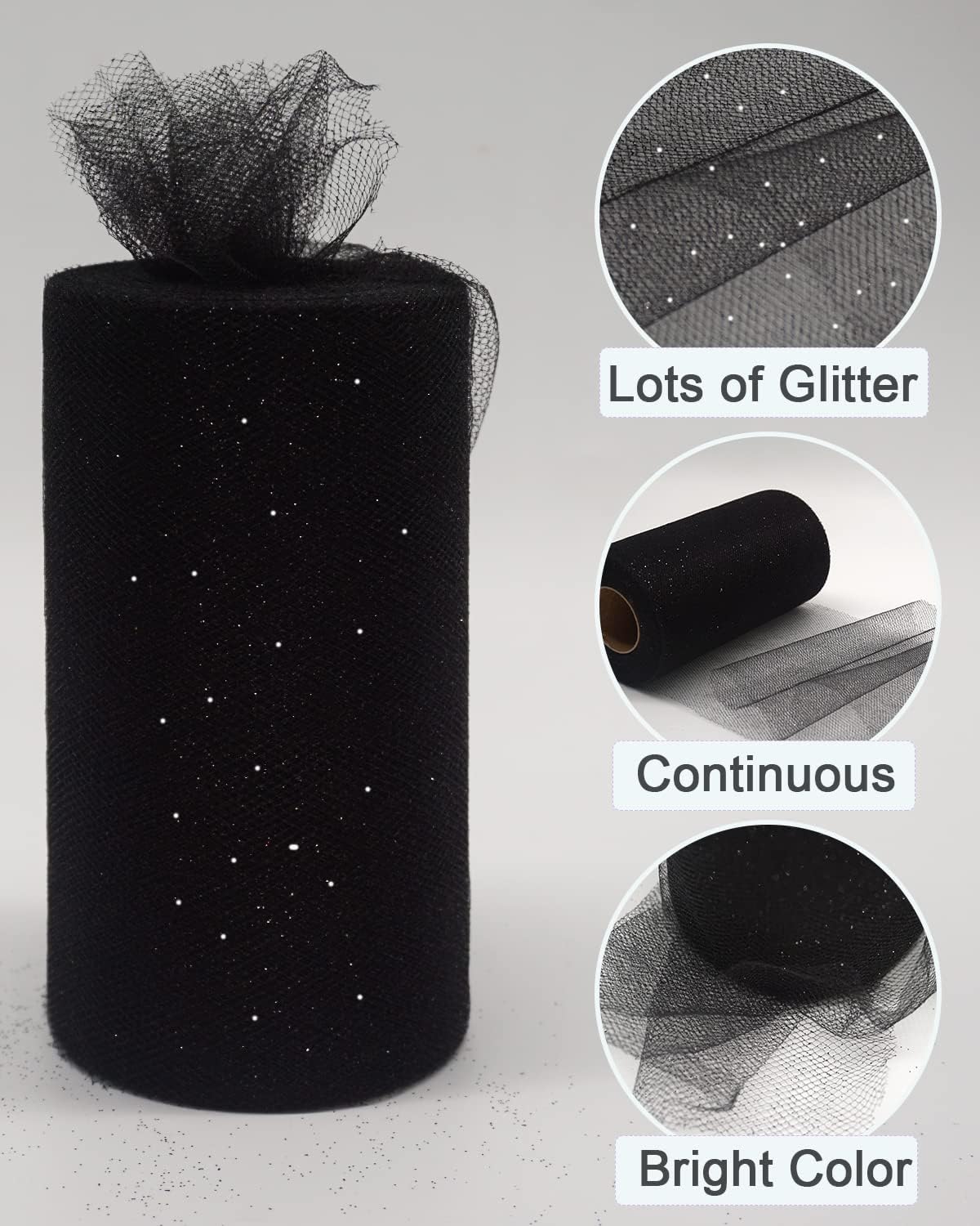 Black Glitter Tulle Fabric Rolls, 6 Inch 50 Yards (150ft) Sparkling Spool Ribbon Sequin Netting for Tutu Skirt Gift Wrapping Wedding Party Decoration (Black)