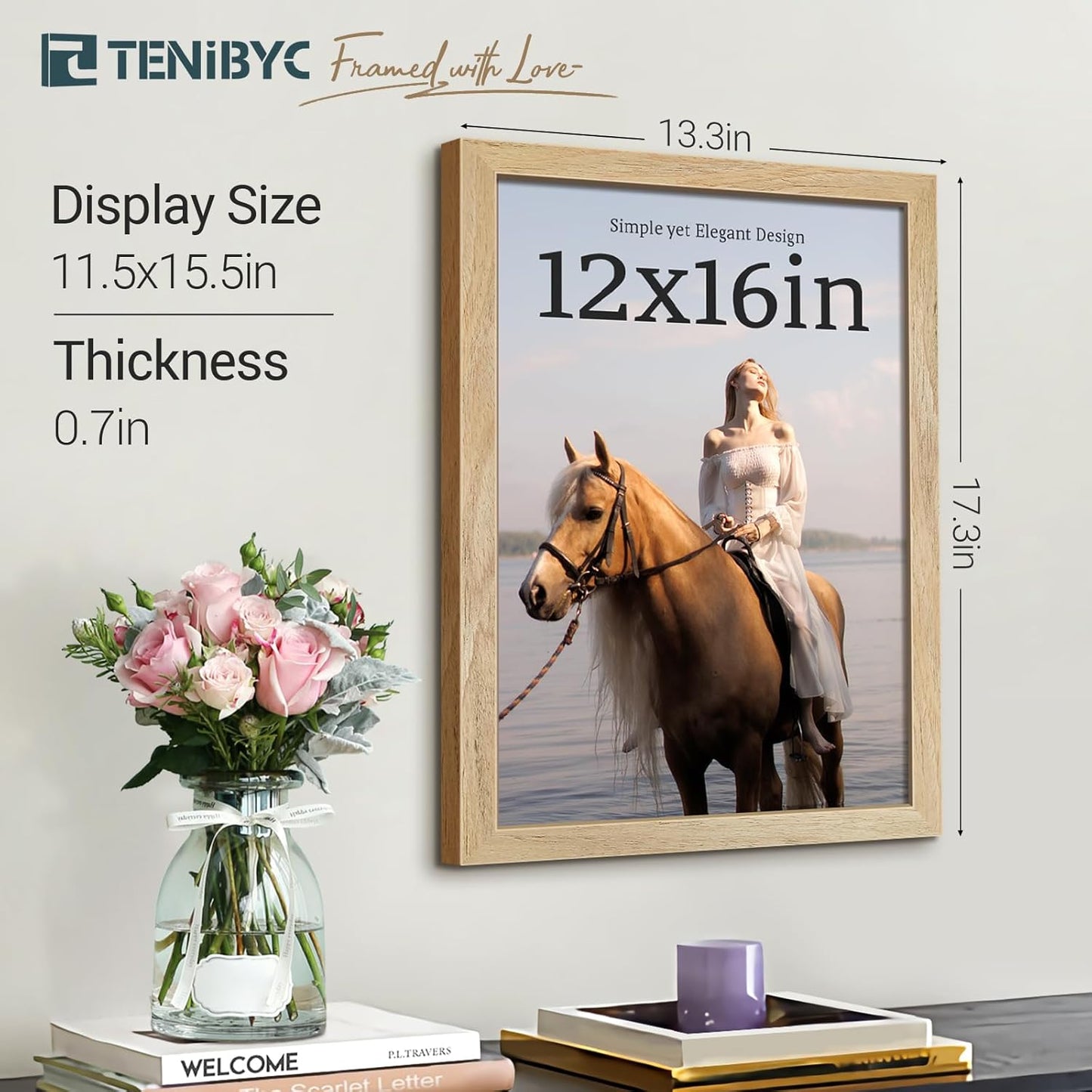 12x16 Picture Frame Set - 4 Pack, Natural Woodgrain, HD Tempered Glass, Wall Gallery Photo Frame