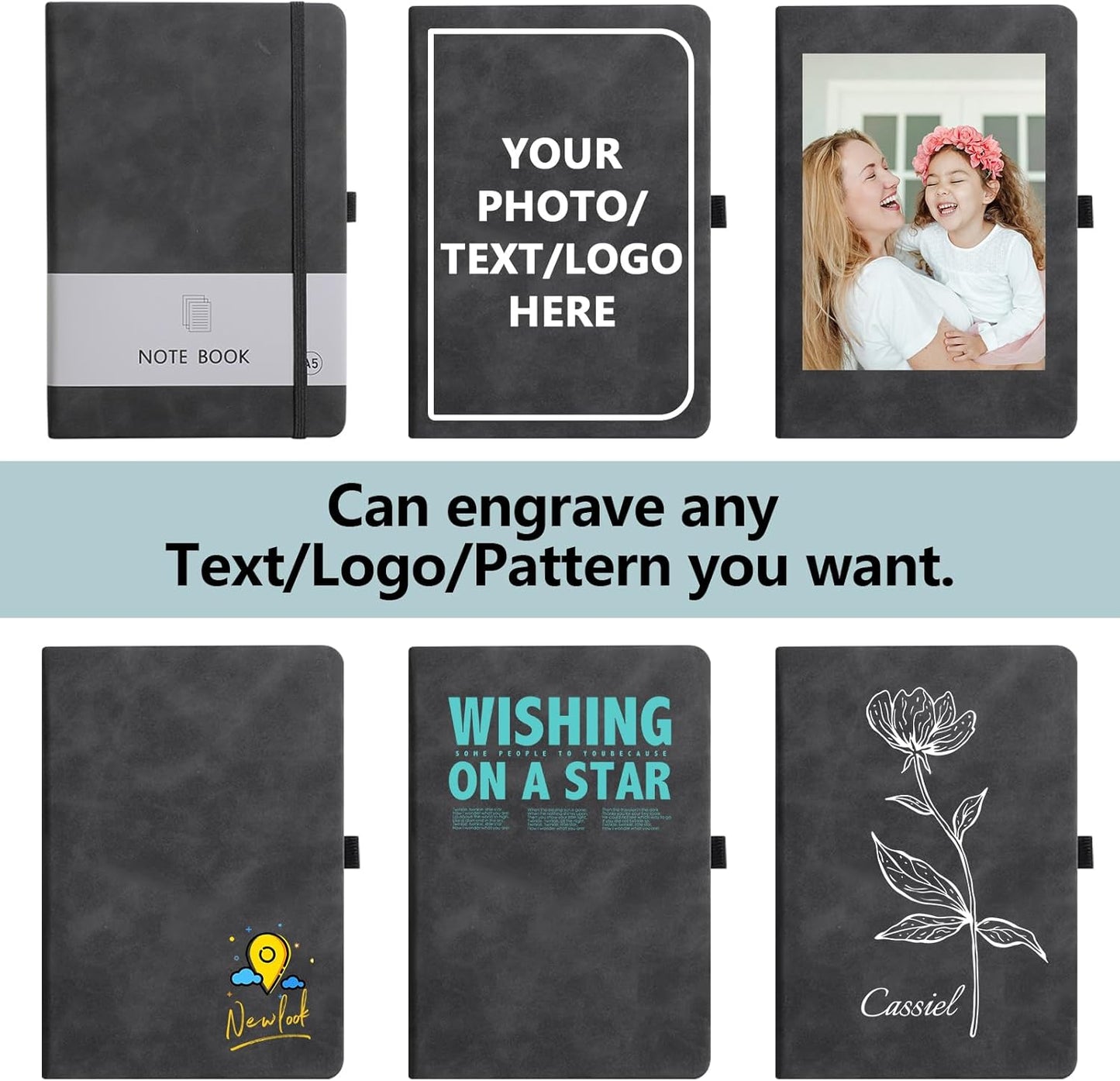 Personalized Notebook Custom Journal Notebook PU Leather A5 Can Customized with Logo/Text/Image- 192 Lined Pages 8.3 x 5.9 Inch, Pen Loop, Elastic Band, Black Hardcover