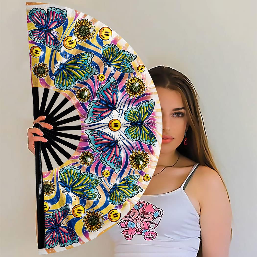 13" Large Rave Fan Bamboo, Folding Clack Hand Fans Foldable for Men Women, Boots on the Ground Poping Fan for EDM Festival Line Dance Decoration, (Butterfly, Large 13")