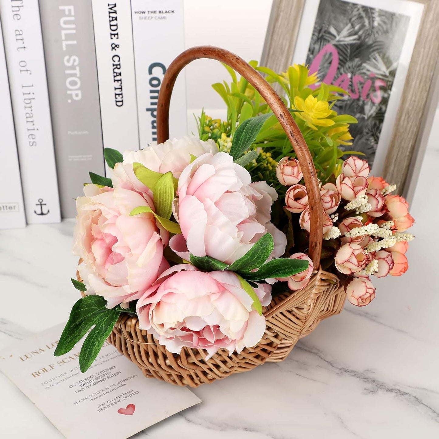 DULRLLY 2 Pcs Handwoven Flower Basket with Handle, Willow Storage Basket Empty Wicker Picnic Basket with Plastic Insert, Easter Basket Wedding Flower Girl Baskets for Home Party Decor (S)