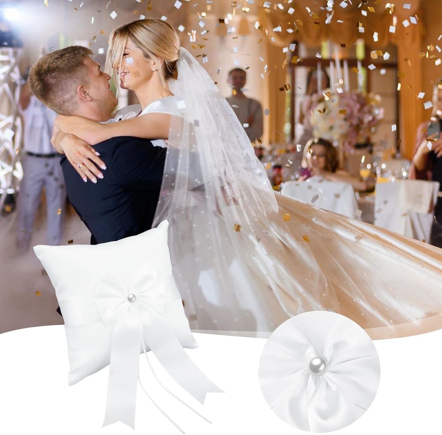 Wedding Ring Pillow Fairy Pearl Ivory Ring Bearer Cushion Bowknot Pocket Rings Bearer Pillow Holder Simple Collection of Big Bow for Wedding Party Ceremony 7.8'' x7.8''
