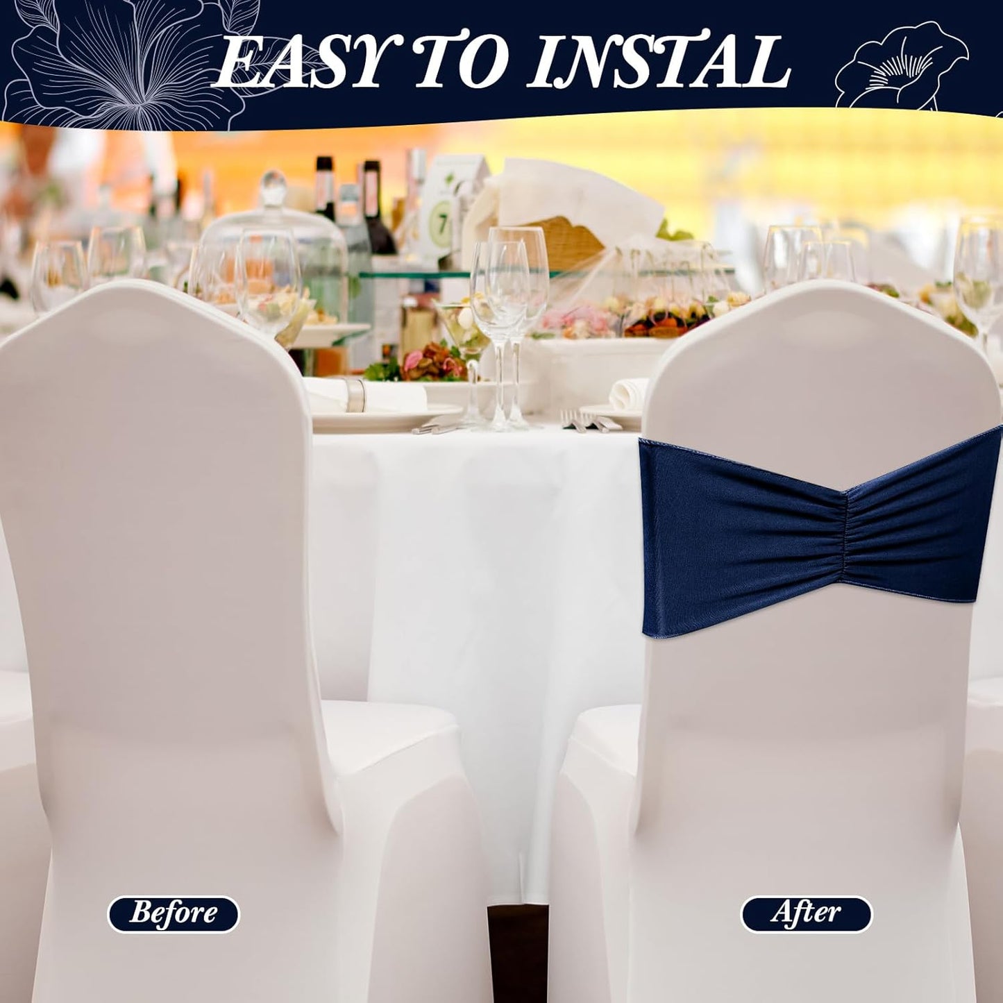 Moukeren 100 Pcs Spandex Chair Sashes Bows Bands Slider Sashes for Chair Covers Elastic Bands Ties Ribbon Decorations for Wedding Party Events Ceremony Birthday Banquet(Navy Blue)