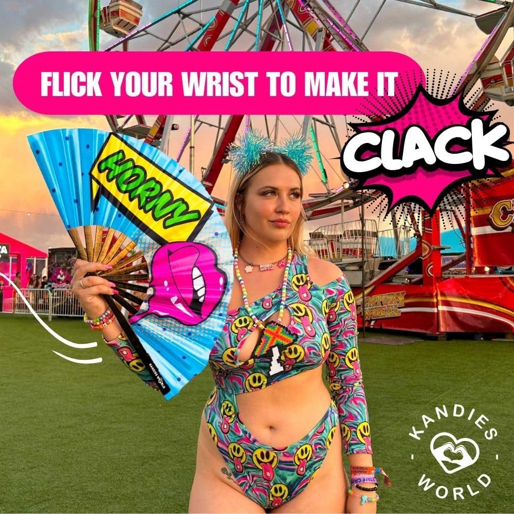 Kandies World Custom Festival Folding Hand Fan - Unique Designs, Made of Bamboo, Clacking Sound, Lightweight - Perfect Rave and Festival Accessory!