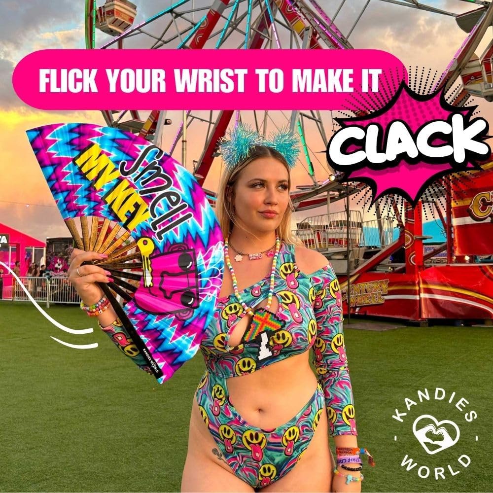 Kandies World Custom Festival Folding Hand Fan - Unique Designs, Made of Bamboo, Clacking Sound, Lightweight - Perfect Rave and Festival Accessory!