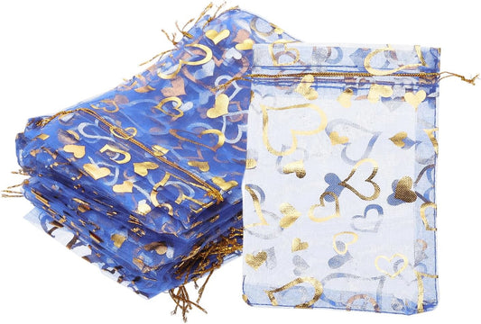 PATIKIL 100 Pcs 4x6 Inch Heart Printed Organza Bags, Navy Blue Sheer Heart Organza Bags with Drawstring for Christmas Candy Jewelry Party Wedding Favor Gift