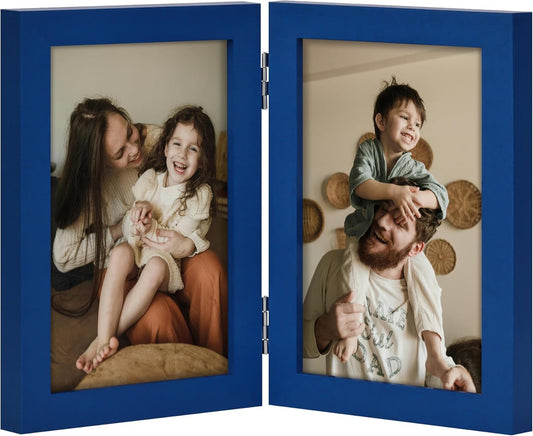 decorUhome Double 4x6 Picture Frame Vertical, Engineered Wood Bifold Photo Frame with Plexiglass for Tabletop Display, 4x6, Royal Blue