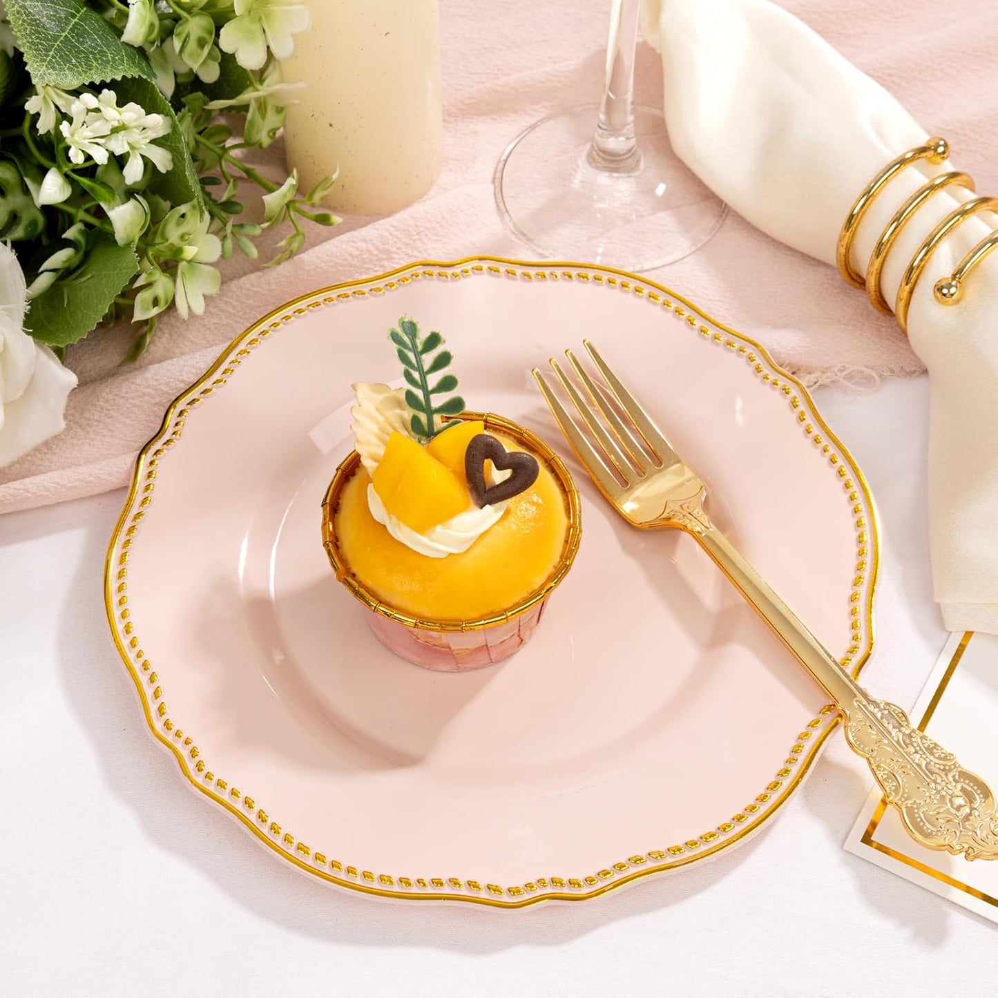 Hioasis 60pcs Pink Plastic Plates - Pink and Gold Disposable Dinnerware with Gold Rim, Heavy-duty, 7.5 inch, Dessert Plates for Party & Wedding