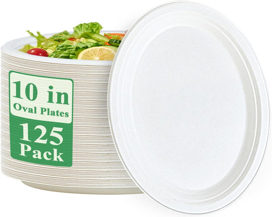 Vplus 100% Compostable Oval Paper Plates 10 inch 125 Pack Super Strong Disposable Paper Plates Bagasse Natural Biodegradable Eco-Friendly Sugarcane for BBQ, Party, Gathering, and Picnic