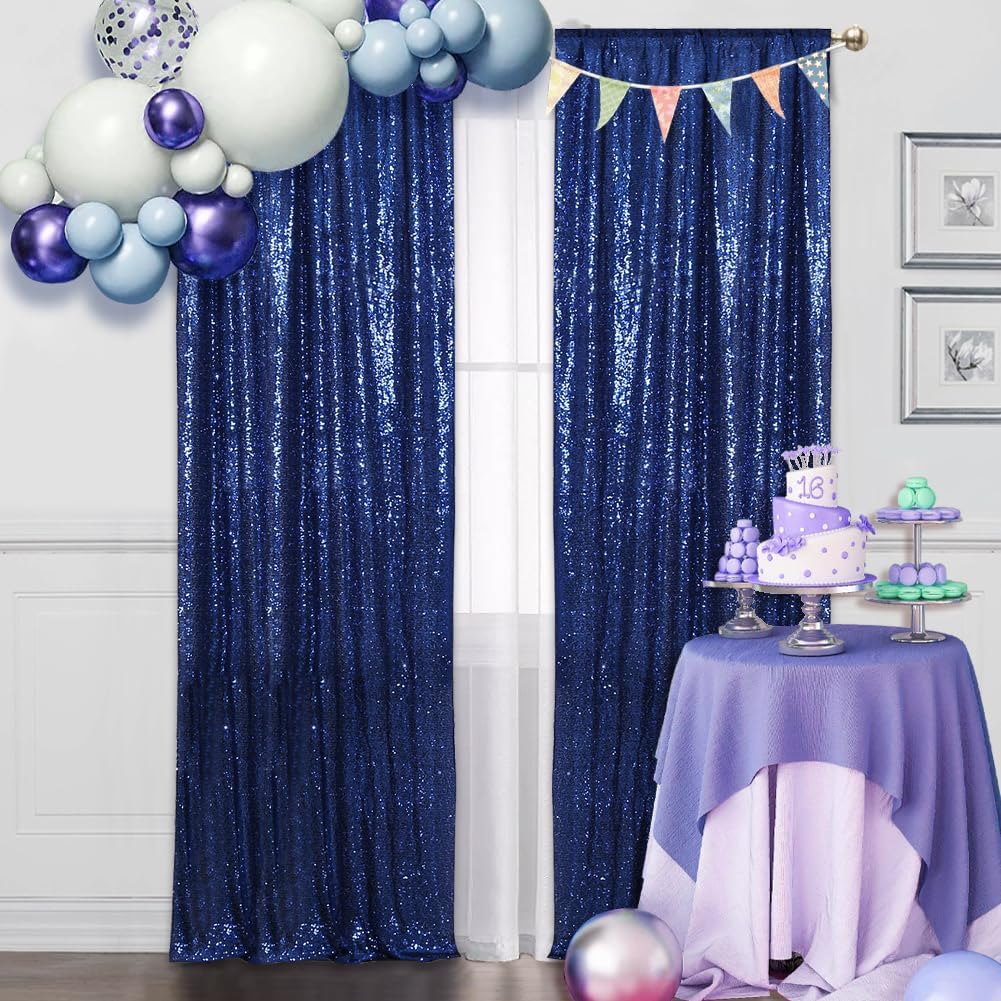SquarePie Sequin Backdrop Non-Transparent Background Sparkly Curtain for Wedding Party 2FT x 8FT Navy Blue 2pcs