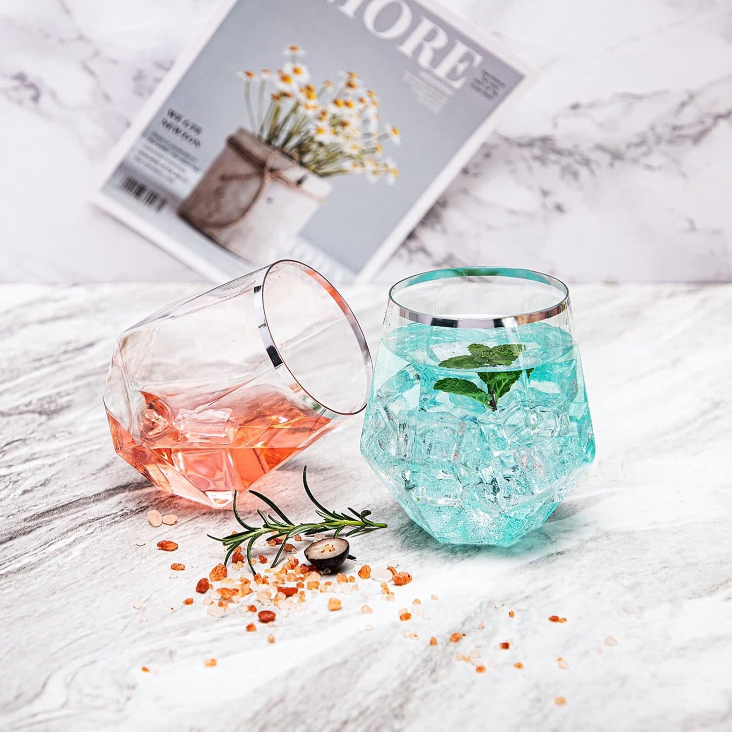 LUODA Silver Diamond Shaped Plastic Stemless Wine Glasses Set of 24, Disposable 12 Oz Silver Plastic Whiskey Glasses for Birthday, Housewarming and Wedding