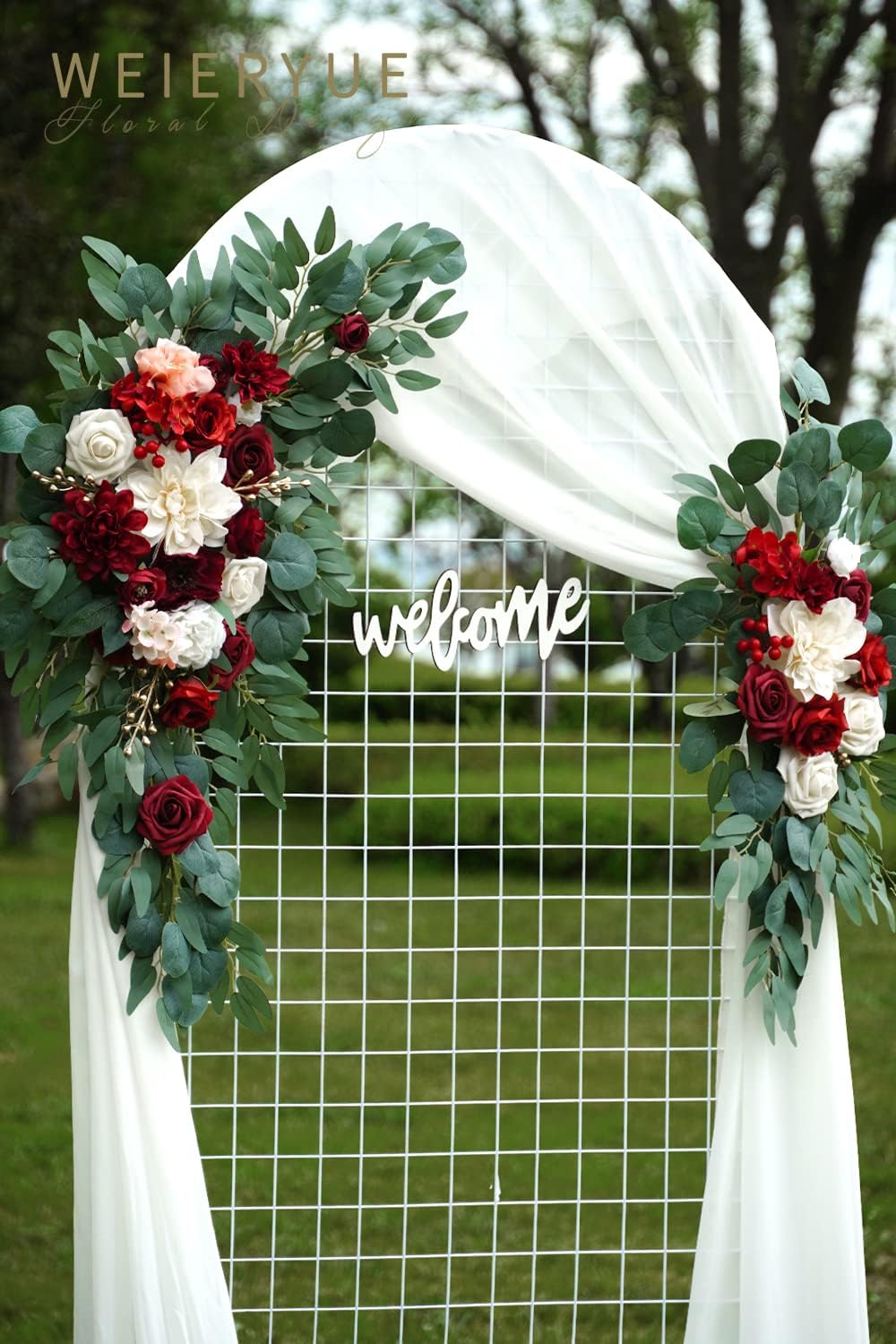 Artificial Wedding Arch Flowers Kit(Pack of 3),2Pcs Artificial Flower Arch Decor,1Pcs Sheer Drape for Wedding Ceremony Arbor for WeddingCeremony (Burgundy Wedding)