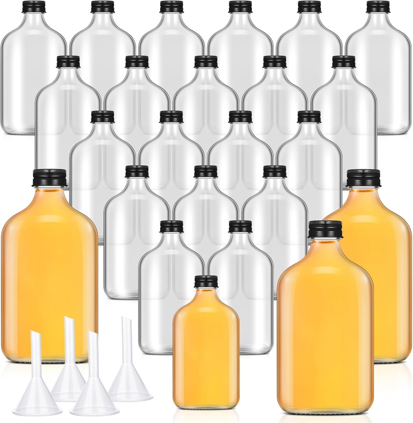 Gejoy 24 Pcs Mini Liquor Bottles Reusable Glass Flask Bottles with Black Caps Clear Empty Alcohol Shot Jars Small Champagne Jars with 4 Funnels for Wine Weddings Party Favors Christmas(6.8 oz)