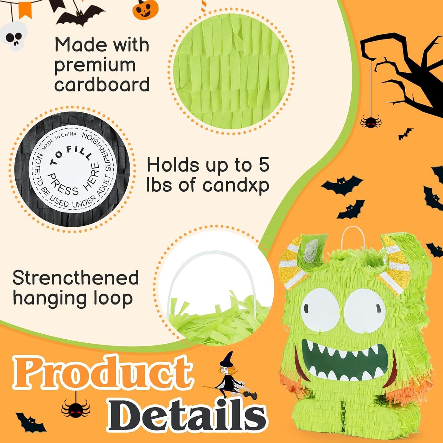 Halloween Monster Pinatas Bundle with a Blindfold and Bat (16.4x12.5x4 Inches), Halloween Parties Supplies Game and Decoration