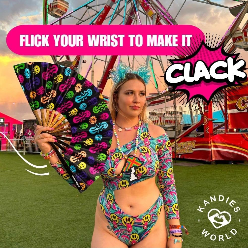Kandies World UV Reactive Custom Festival Folding Hand Fan - Unique Designs, Made of Bamboo, Clacking Sound, Lightweight - Perfect Rave and Festival Accessory!