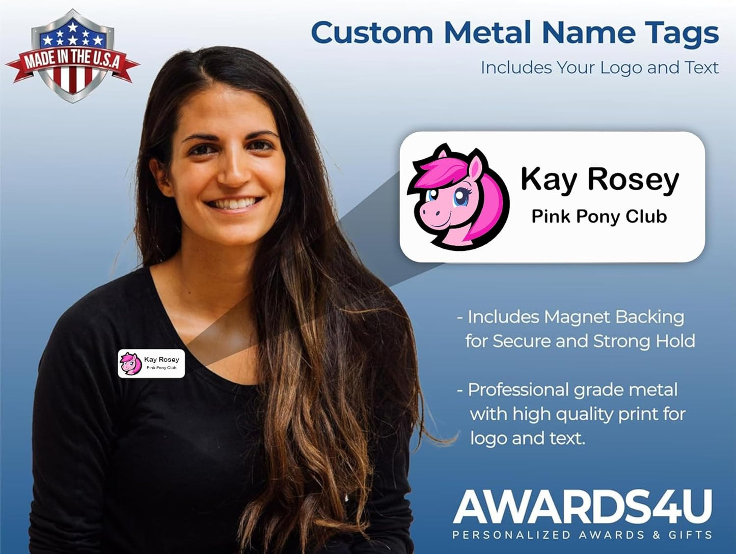 Custom Name Tag with Logo - Personalized Name Badge with Magnet Backing - Choose Your Size and Color (White Metal 3"x1.25" - Logo on Left)