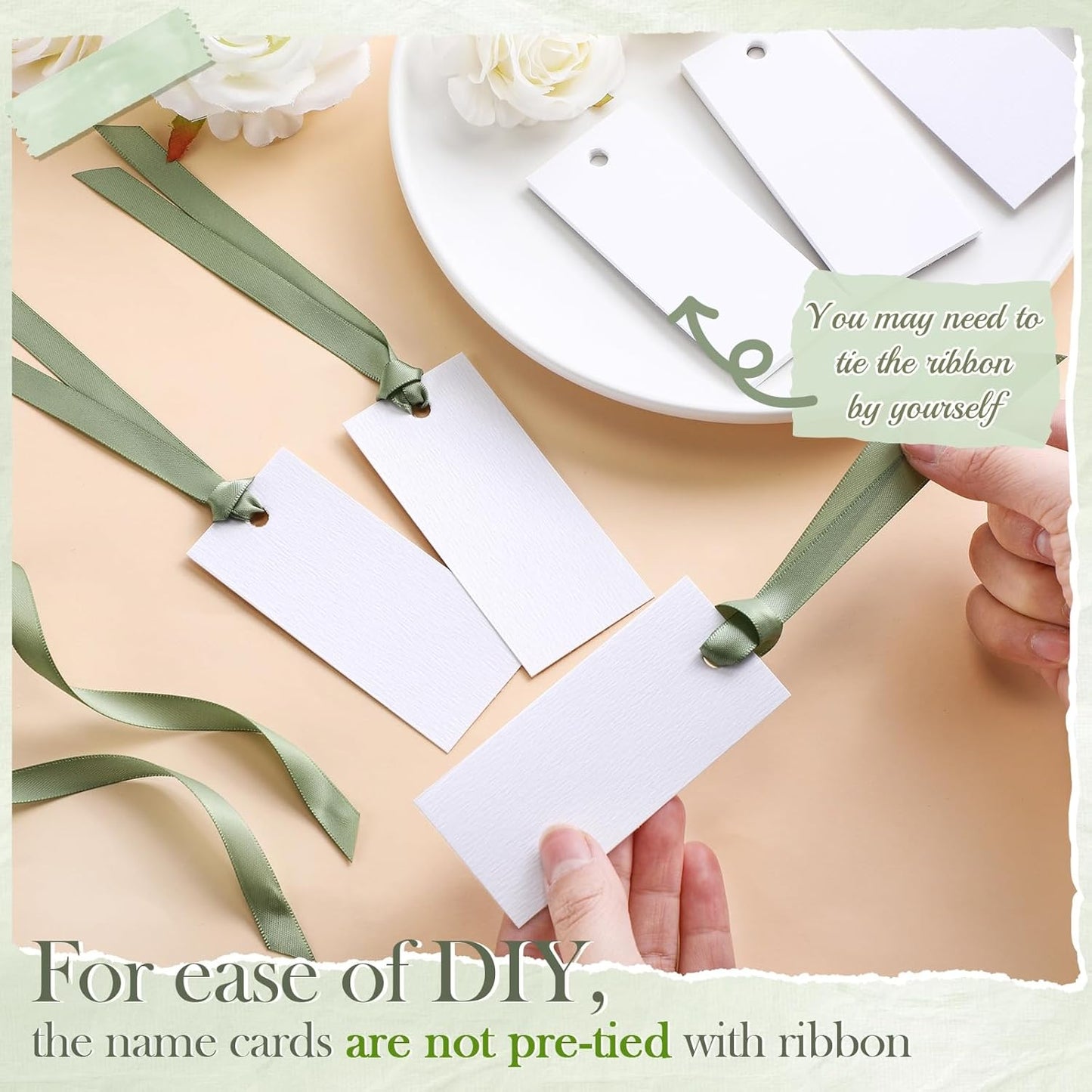 50 Pcs Name Place Cards for Table Setting Blank Wedding Place Cards with Satin Ribbon 1.57 x 3.54 Inch Hanging Gift Tags for Wedding Dinner Banquet Party Table Setting Supplies(Sage Green)