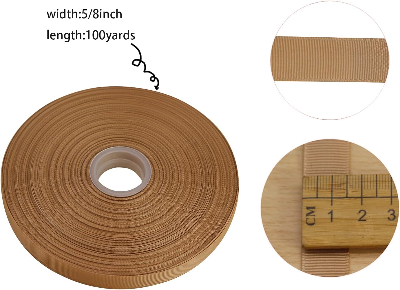 Jesep One Roll 100 Yards 5/8" Soild Grosgrain Ribbon Boutique Gift Wrapping Package Ribbon, DIY Crafts Bow Hair Headband Accessories Assorted Ribbon#835 (5/8" 15mm, Khaki)