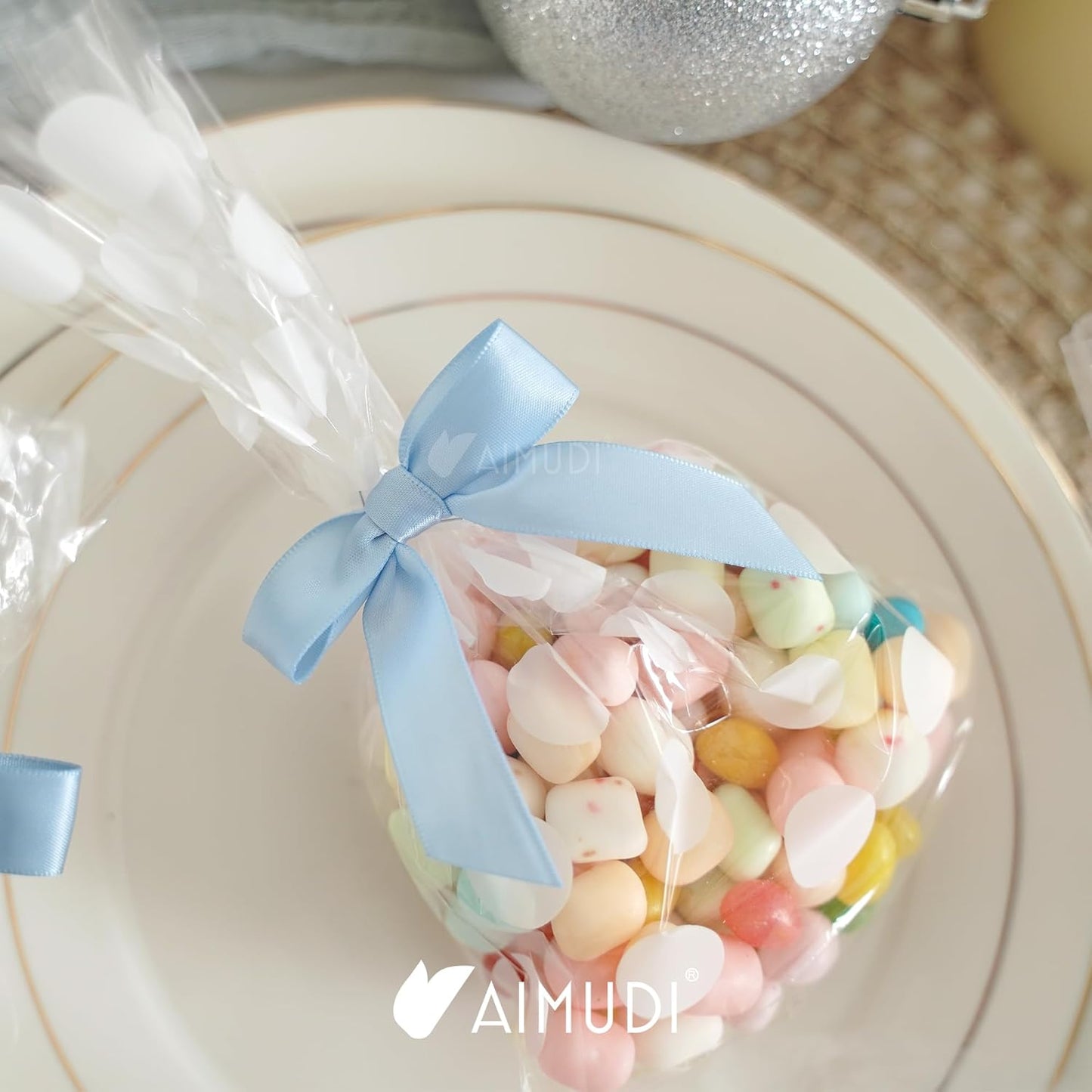 AIMUDI 5 Colors Dusty Blue Ribbon Bows 2.5" Satin Twist Tie Bows for Gift Wrapping Premade Satin Bows for Making Crafts Treat Bag Baby Shower Birthday Party Wedding Decoration, 50 PCs