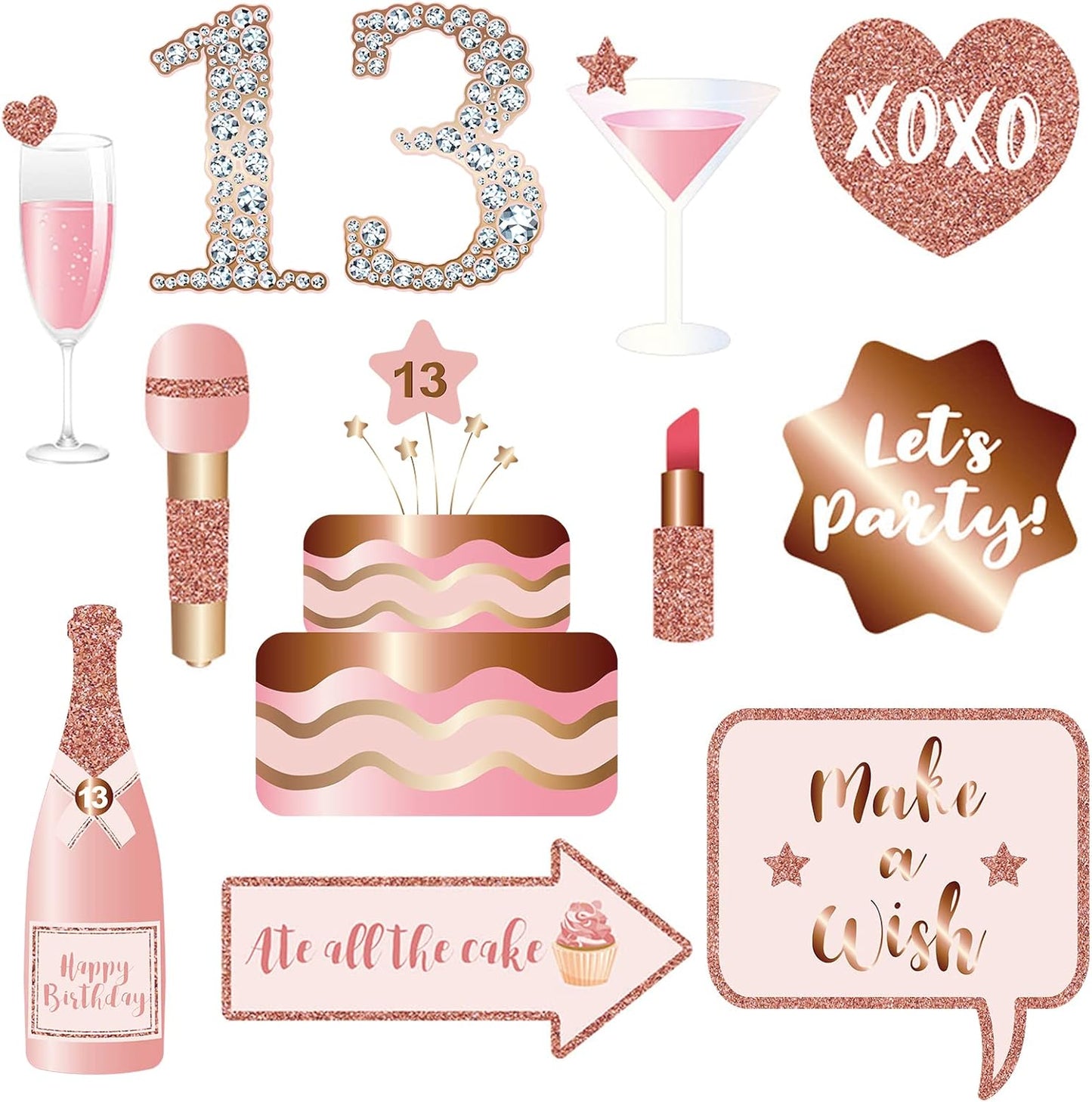 13th Birthday Party Photo Booth Props and Signs, Rose Gold 13 Birthday Party Selfie Props Kit with Sticks for Girls, Thirteen 13th Happy Birthday Party Decorations Supplies Favors