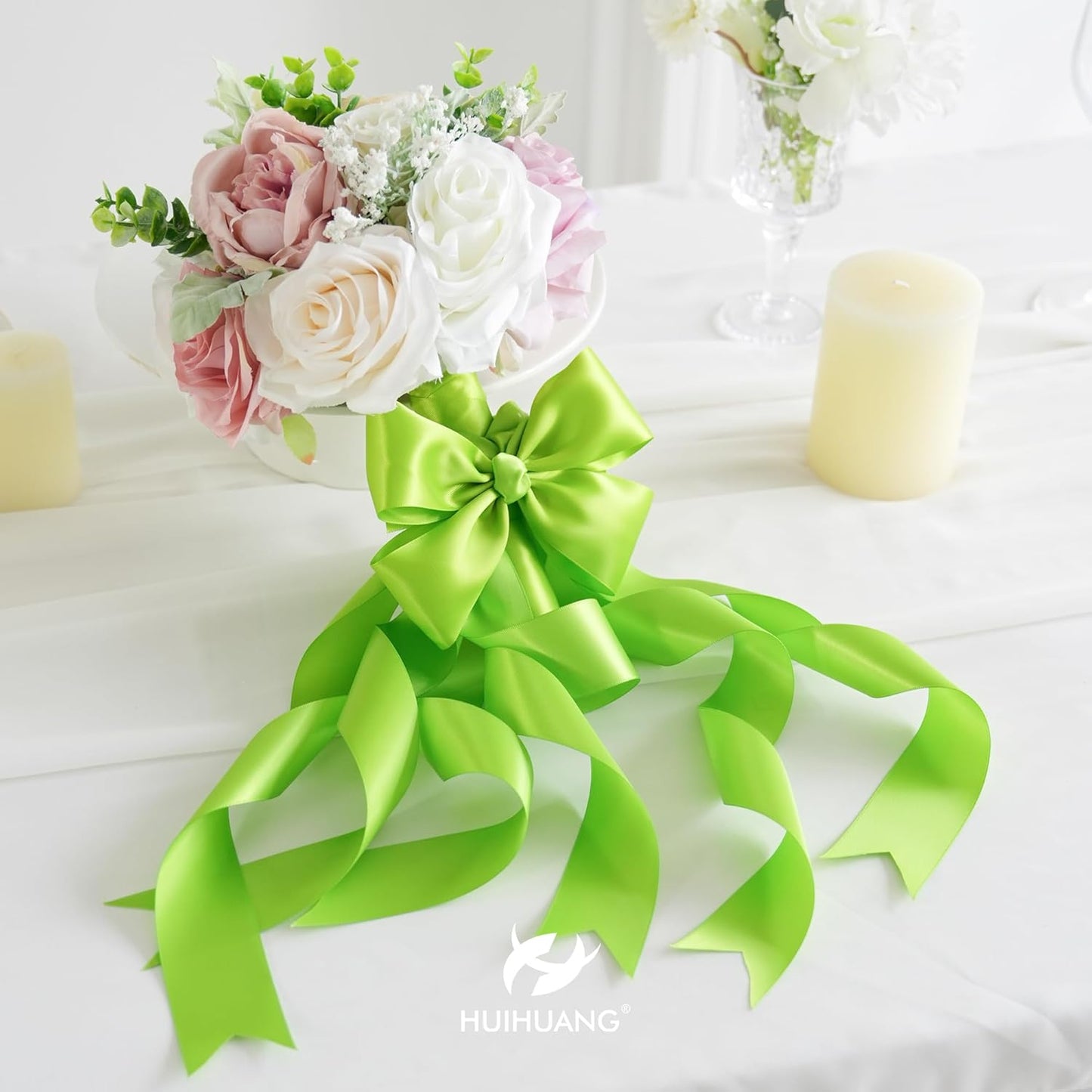 HUIHUANG Lime Green Satin Ribbon 1-1/2 inch x 50 Yards Double-Faced Silk Satin Ribbon for Gift Wrapping, Bows, Christmas Tree, Flower Bouquet, Eternal Flowers, DIY Crafts, Party Favors