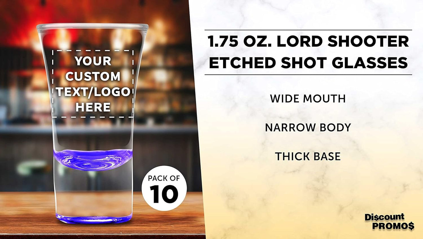 Custom 2 oz. Lord Shooter Etched Shot Glasses, 10 pack, Personalized Text, Logo, 21st Birthday Party, Lounge Glassware, Purple