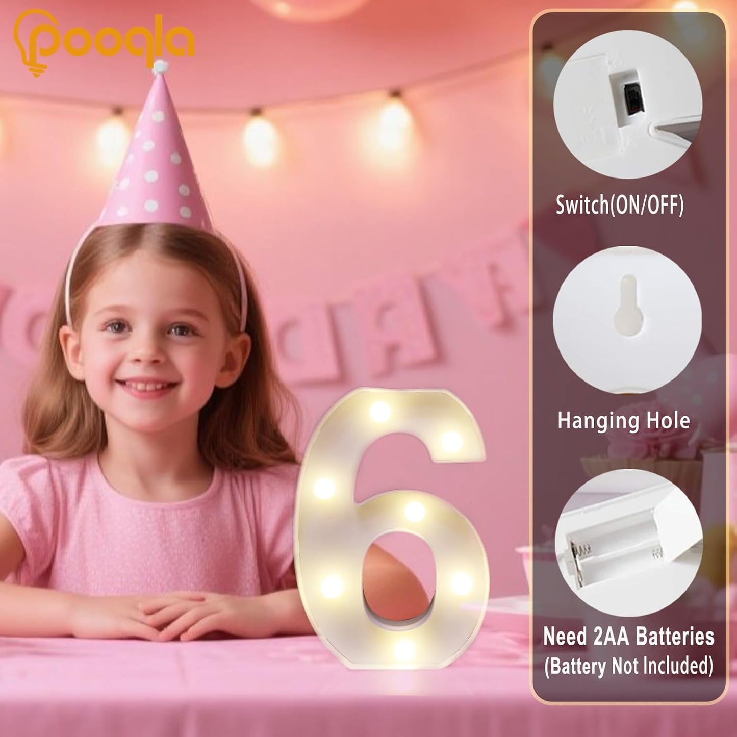 Pooqla Decorative LED Light Up Number Letters, White Plastic Marquee Lights Sign Party Wedding Decor, Battery Operated (6)