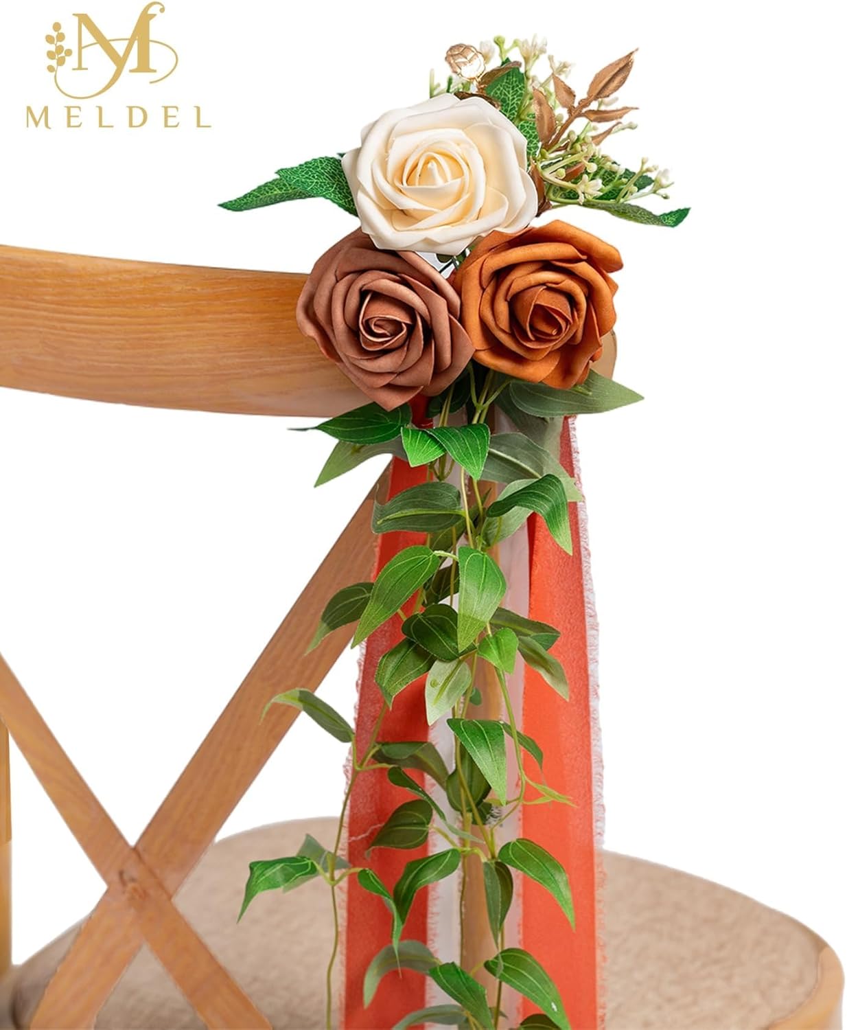 Meldel 10Pcs Wedding Chair Decorations Aisle Flowers Swag Artificial Flower Ivory Orange Garland with Ribbion for Ceremony Reception Church Rose Floral Faux Arrangement Party Outdoor Pew Decor