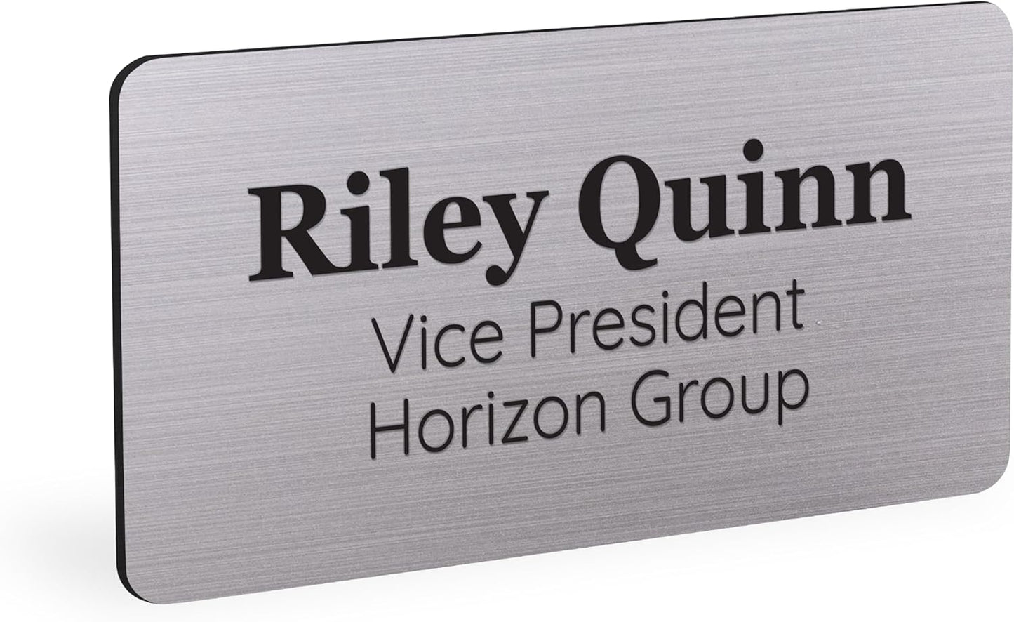 ExcelMark Custom Name Tag - Engraved Name Badge with Pin or Magnetic Backing, 16 Colors, 6 Fonts, and 2 Sizes to Choose from (Silver w/Black Letters, 1.5"x 3")