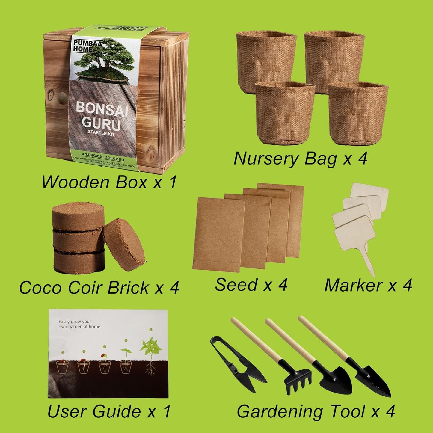Bonsai Tree Kit with 4 Types of Seeds, Organic Coco Coir Bricks, Bonsai Pot, Plant Markers, Bonsai Tools, Bonsai Starter Kit with Japanese Style Wooden Gift Box, DIY Growing Kit, Cool Gifts for Men