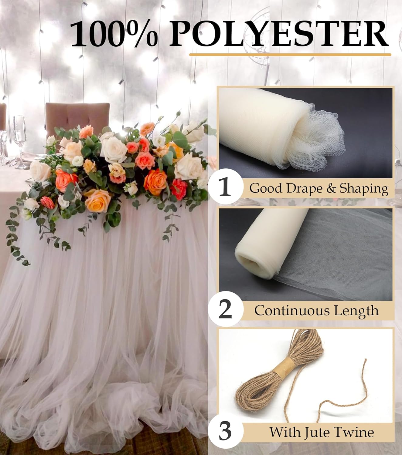 Ivory Tulle Fabric Roll, 54" x 40 Yards (120FT) Tulle for Wedding Decoration Christmas Gift Wrapping DIY Tutu Party Backdrop Baby Shower Table Skirts
