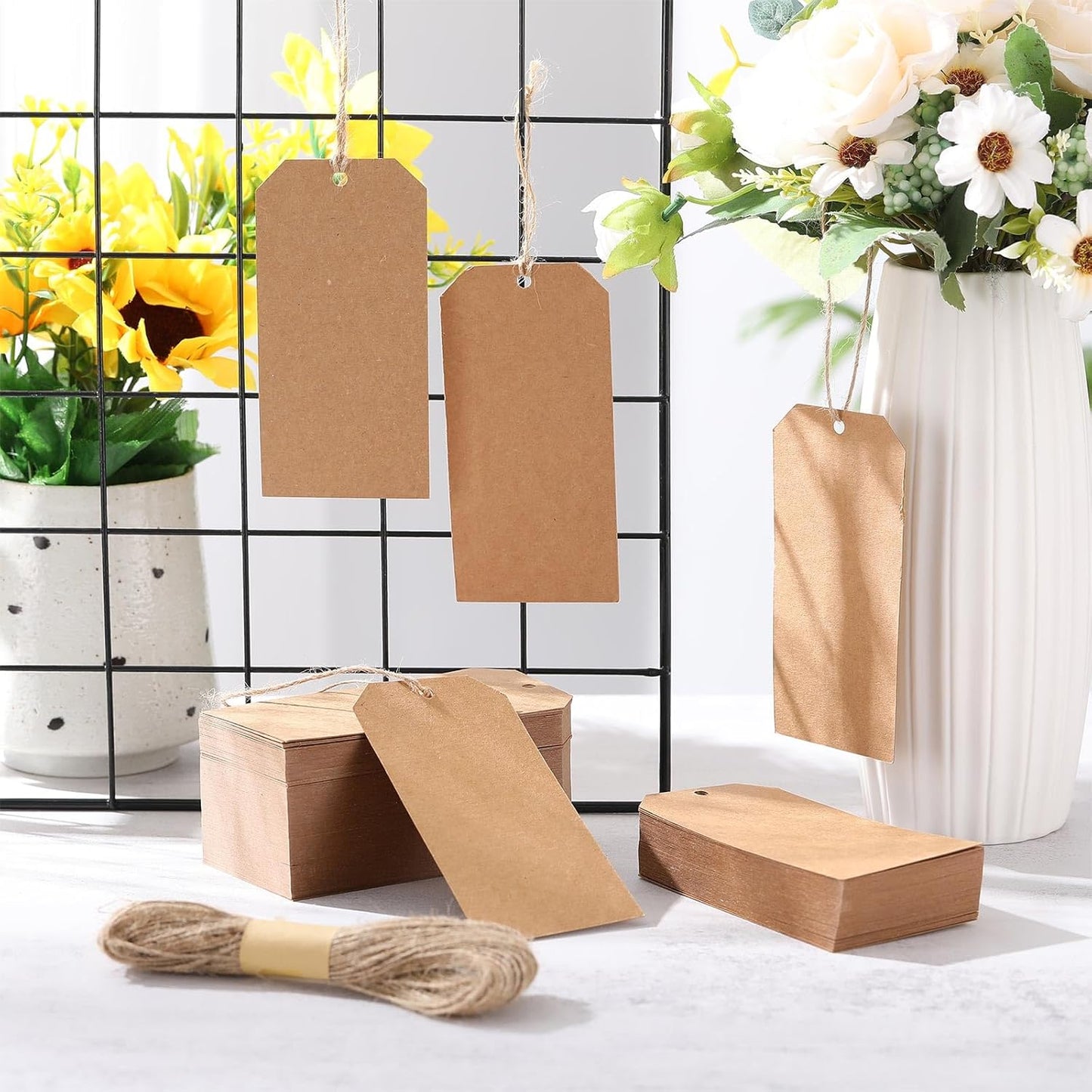 500 Pcs Kraft Paper Gift Tags with String 4.7" x 2.4" Cardboard Price Tag Name Tag Vintage Wedding Birthday Hang Brown Tags with Twine Blank Gift Tag for Wedding Birthday Holiday Art & Craft