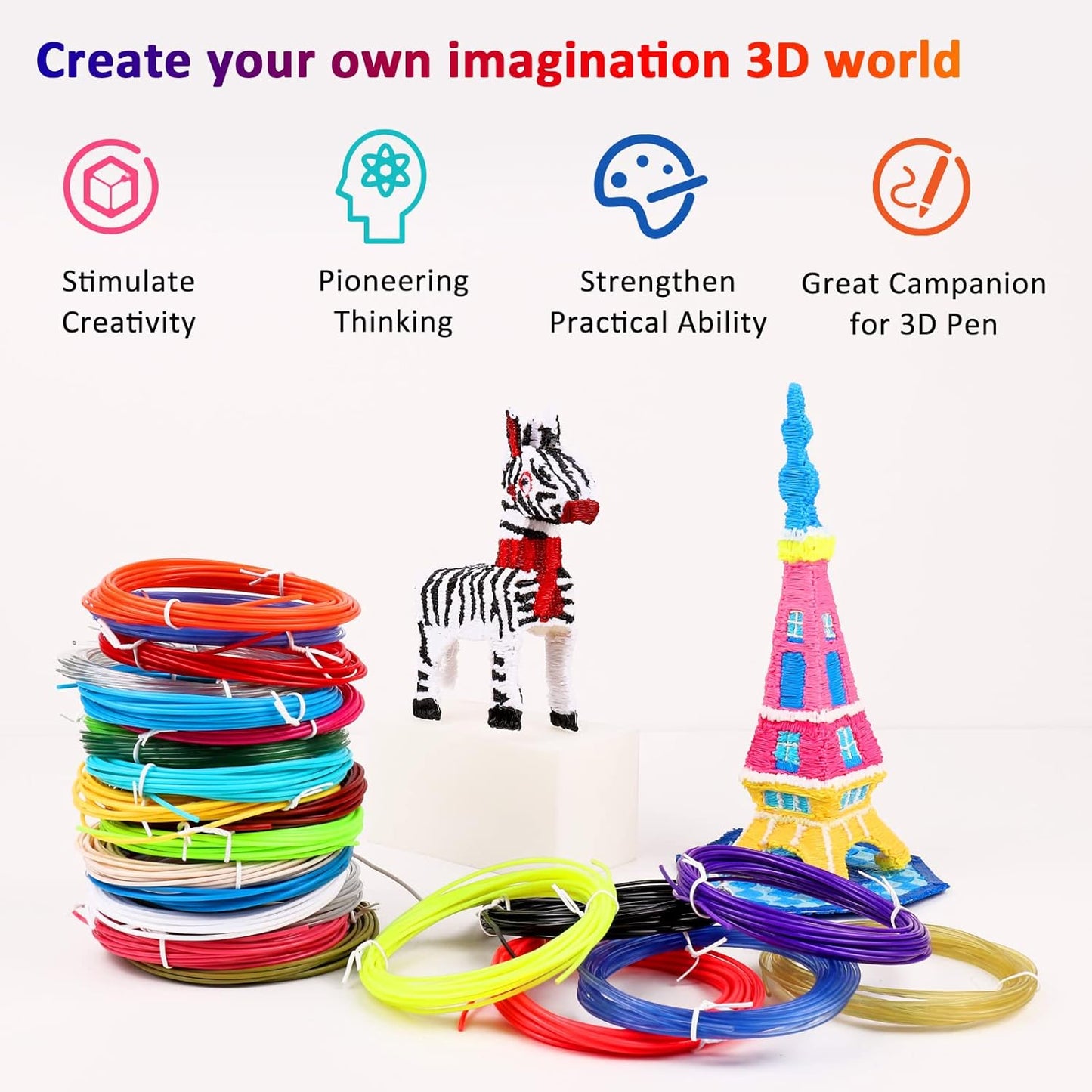 24 Assorted Colors 3D Pen Filament Refills PLA 1.75mm, Each Color 5 Meters (16 Feet), dikale 3D Printing Pen Filament Packs for Kids, Total 120 Meters-Bonus 250 Stencils eBooks